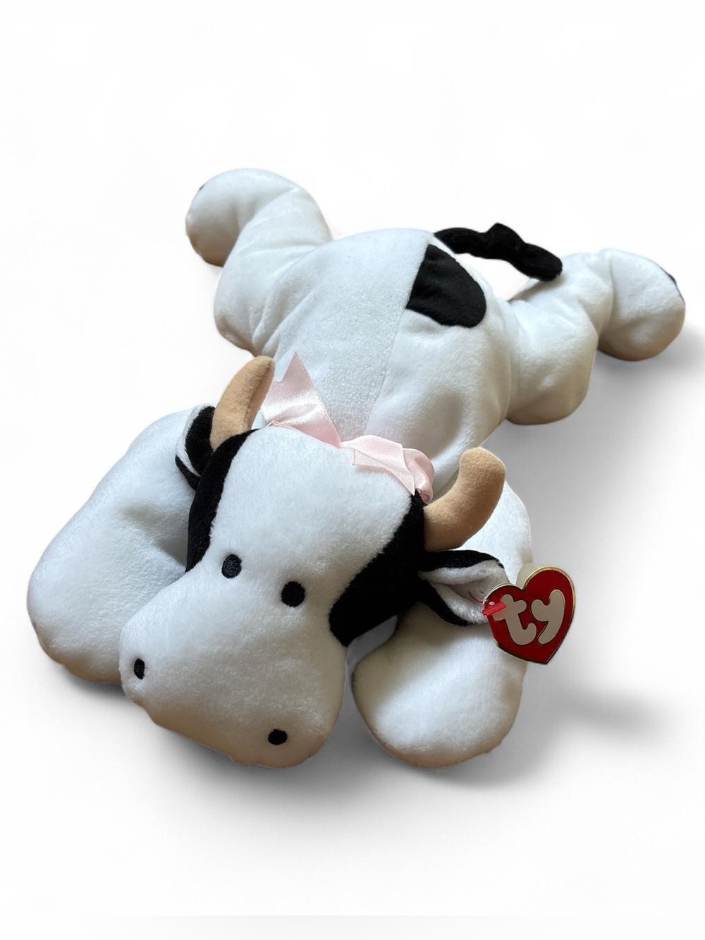 Vintage 1994 Ty Pillow Pals Moo The Cow Plush White Black Spot Pink Ribbon